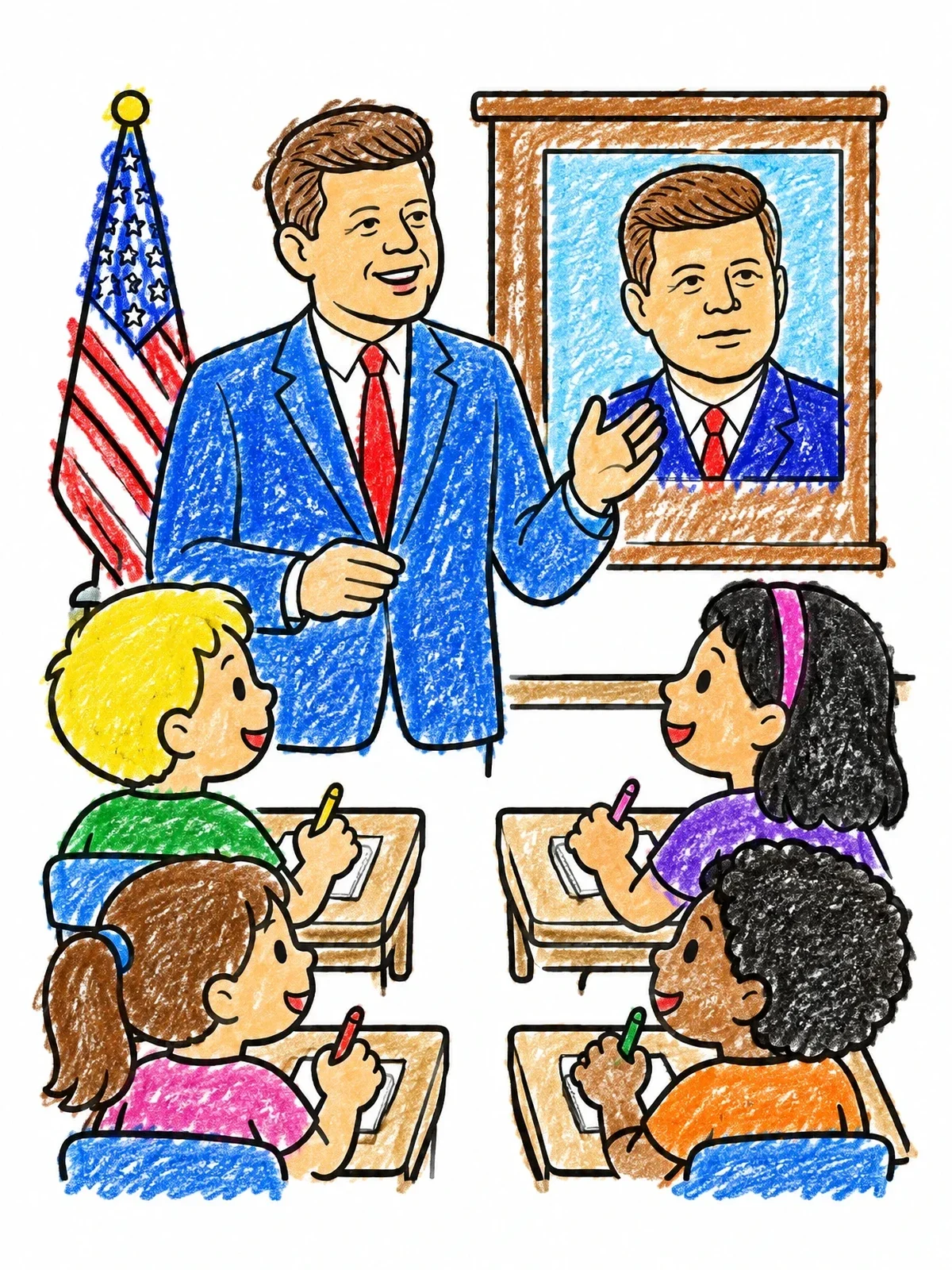 Colored example of the President Kennedy Classroom History Lesson coloring page