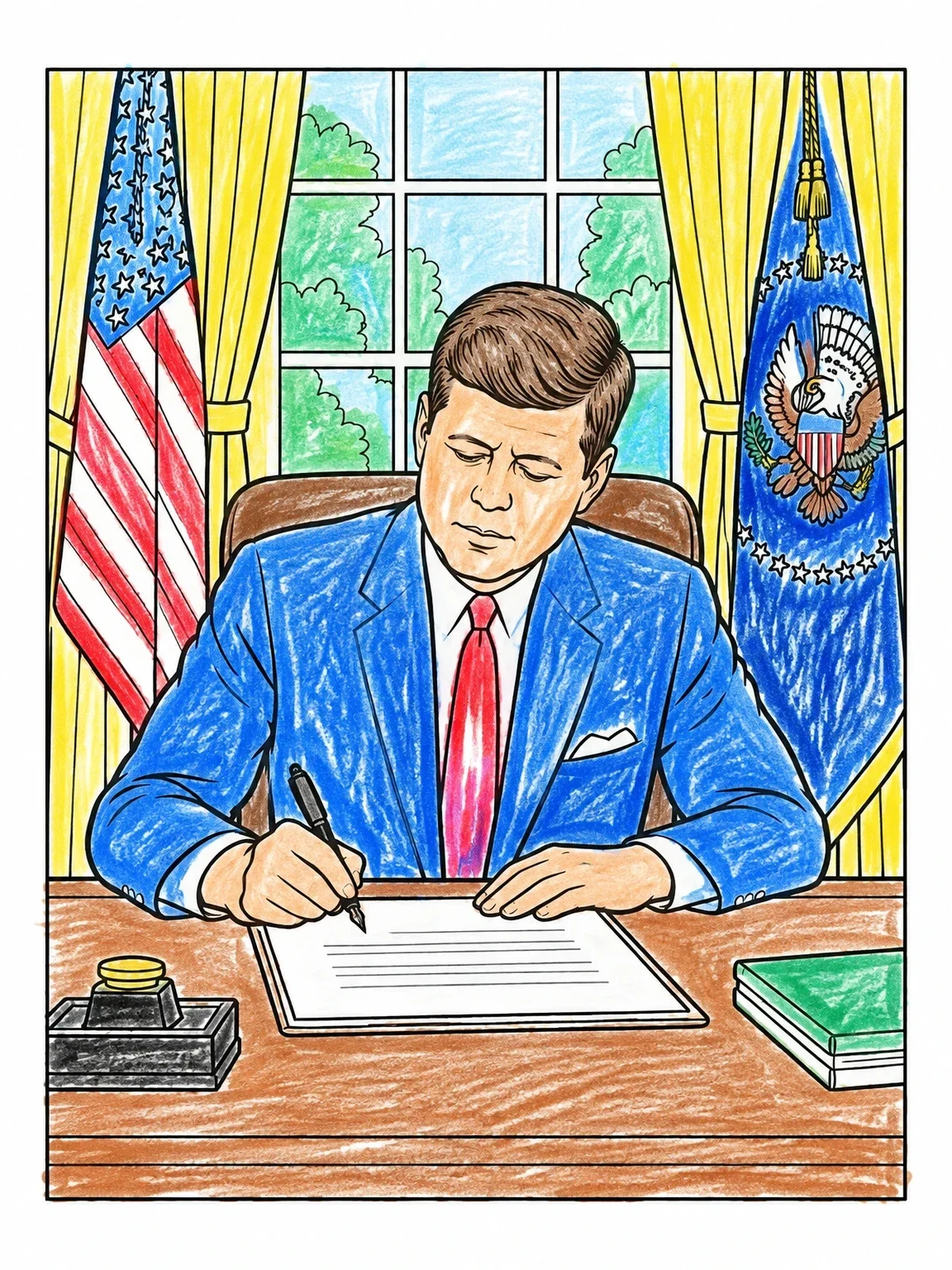 Colored example of the President Kennedy At The Oval Office Desk coloring page