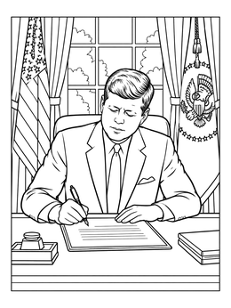 President seated signing papers in this john f kennedy coloring page.