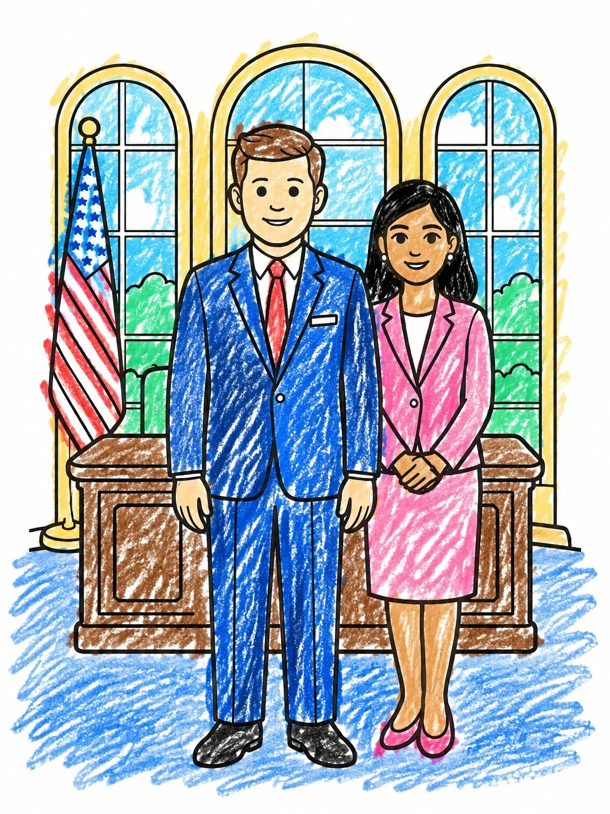 Colored example of the President Kennedy And First Lady In The Oval Office coloring page
