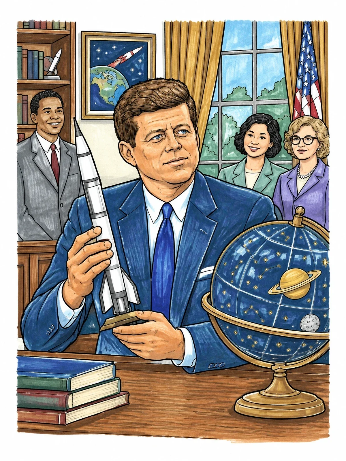 Colored example of the President Kennedy And Space Exploration coloring page