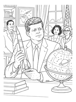 Detailed john f kennedy coloring page showing the president holding a rocket model next to a celestial globe.