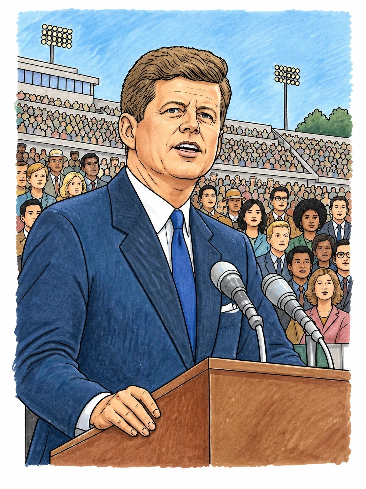 Colored example of the President Kennedy At The Stadium Podium coloring page