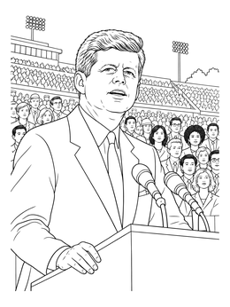 This john f kennedy coloring page features President Kennedy speaking at a podium before a crowded outdoor stadium.