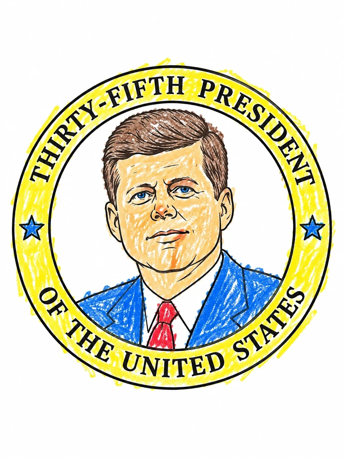 Colored example of the President John F Kennedy Medallion Portrait coloring page