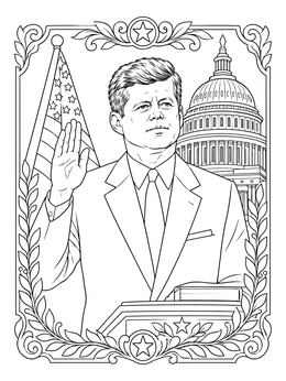 Detailed john f kennedy coloring page depicting JFK taking the presidential oath before the Capitol.