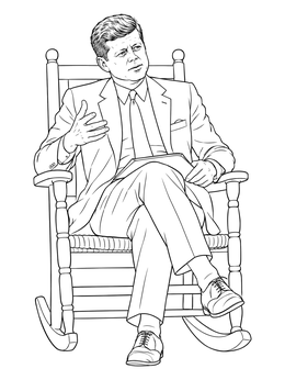 A detailed john f kennedy coloring page showing the president seated in his iconic wooden rocking chair.