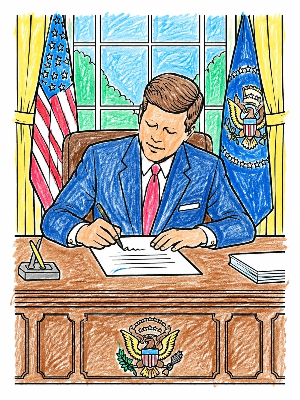 Colored example of the President Kennedy Signing Document At Resolute Desk coloring page