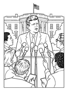 A detailed john f kennedy coloring page showing JFK speaking into microphones before reporters at the White House.