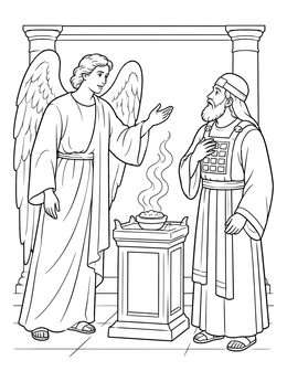 An angel visits Zechariah by the incense altar in this john the baptist coloring page.