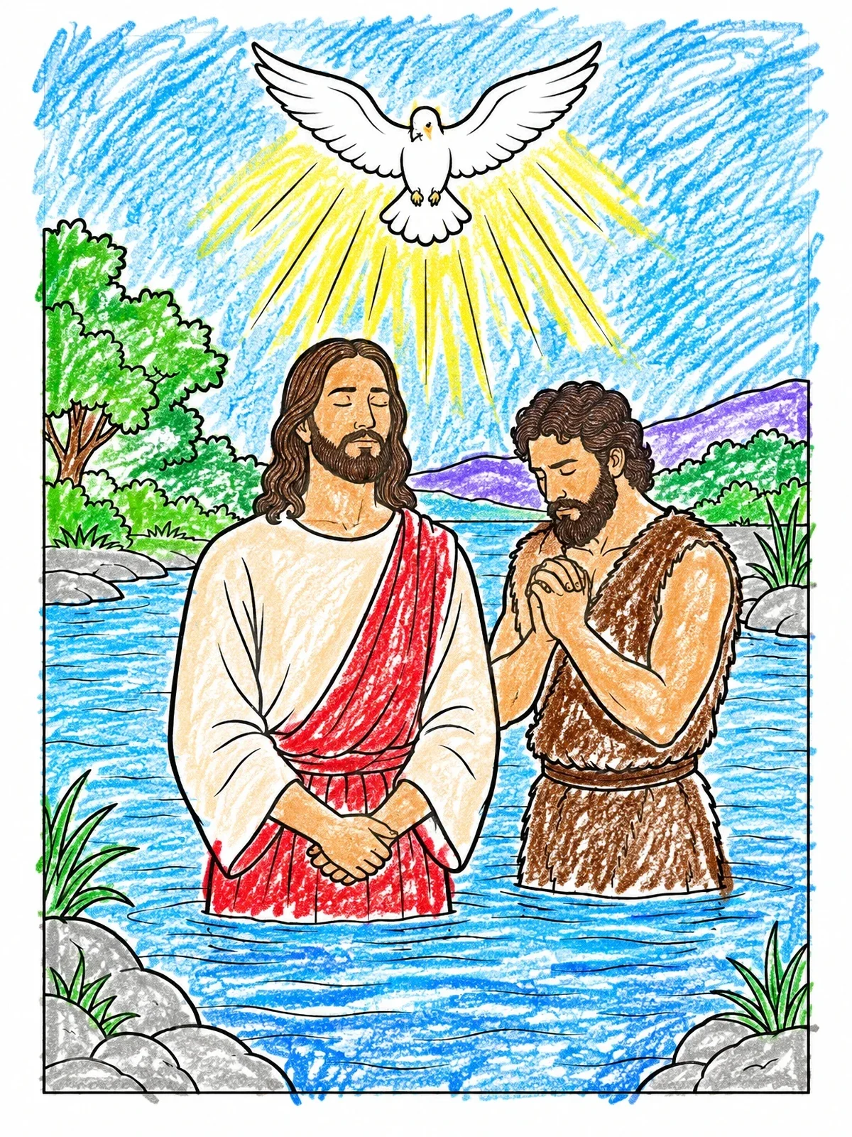 Colored example of the Baptism Of Jesus In The River coloring page