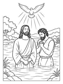 A serene john the baptist coloring page showing Jesus in the river beneath a descending dove.