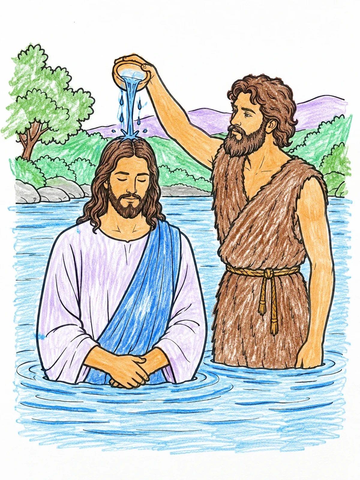 Colored example of the Baptism Of Jesus In The River coloring page