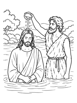 A serene john the baptist coloring page depicting the baptism of Jesus in the Jordan River.