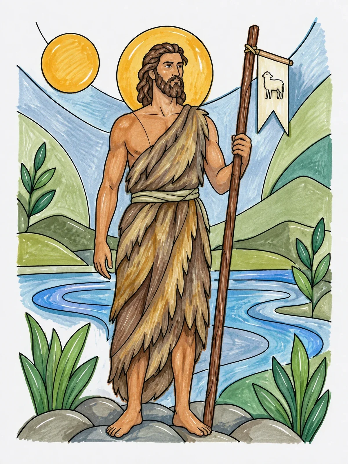 Colored example of the John The Baptist Holding Banner coloring page