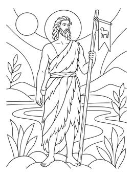 A detailed john the baptist coloring page depicting the prophet standing by a river with his staff and banner.
