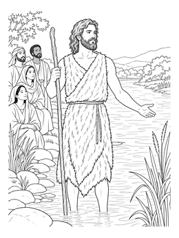A detailed john the baptist coloring page showing him standing in the river before a small crowd.