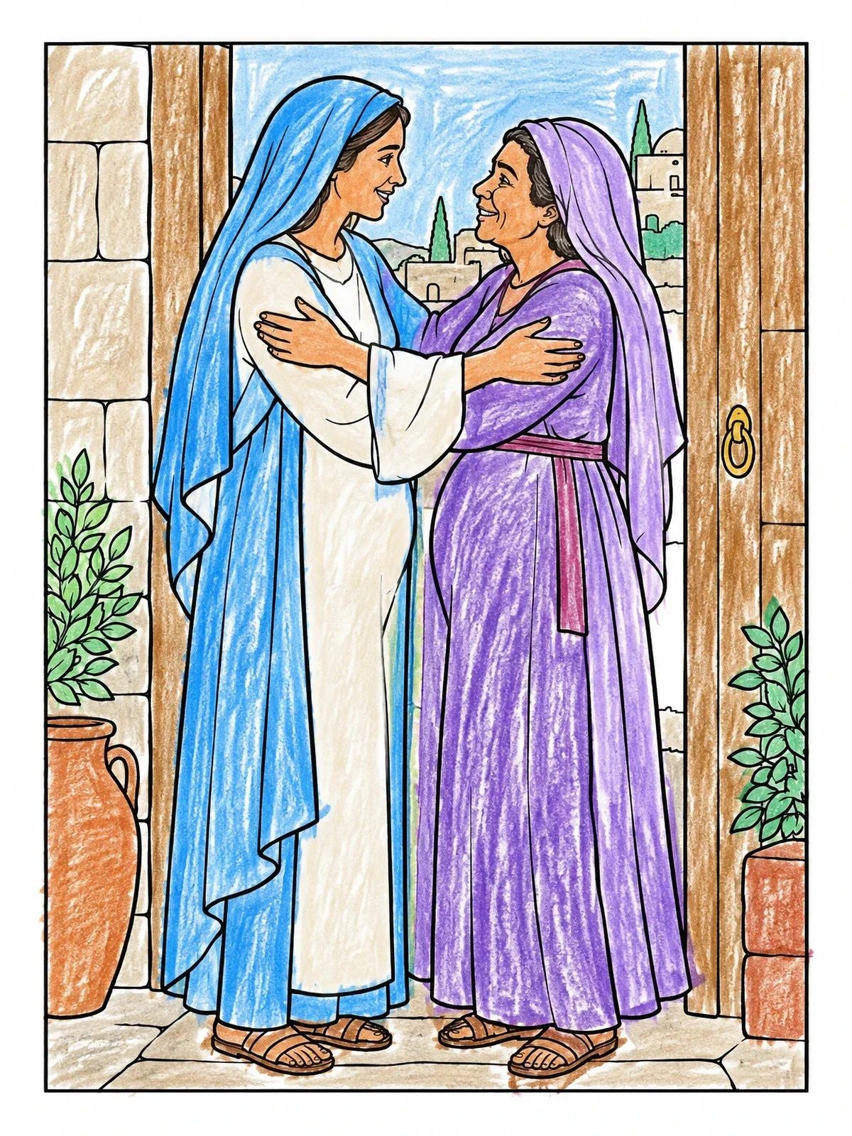 Colored example of the Mary Visiting Elizabeth At The Doorway coloring page