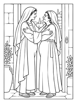 Mary and Elizabeth embrace in this warm john the baptist coloring page.