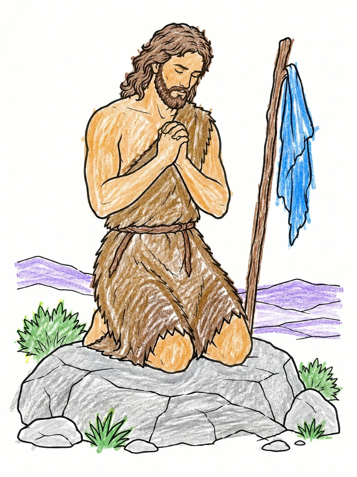 Colored example of the John The Baptist Kneeling In Prayer coloring page