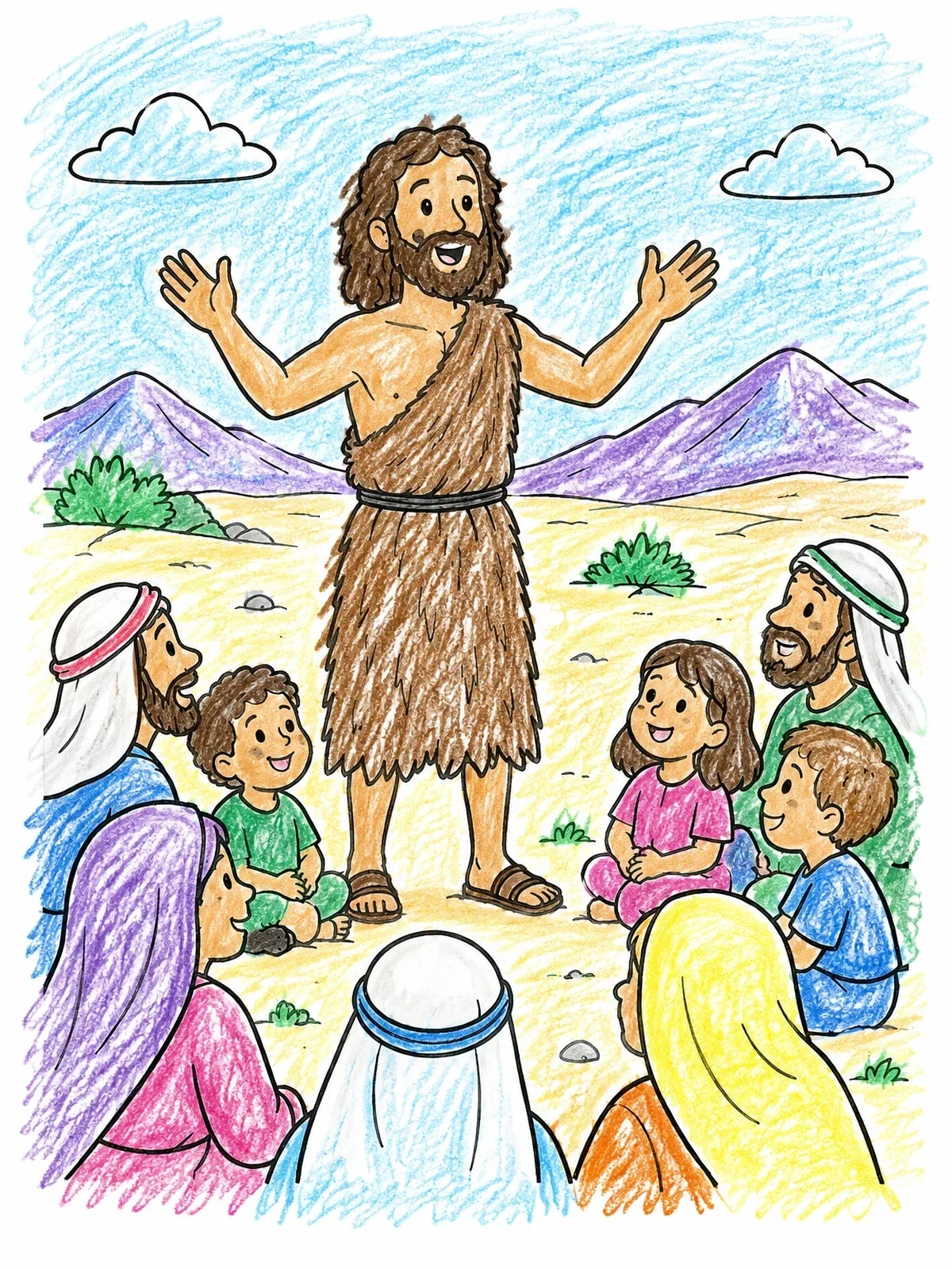 Colored example of the John The Baptist Preaching Outdoors coloring page