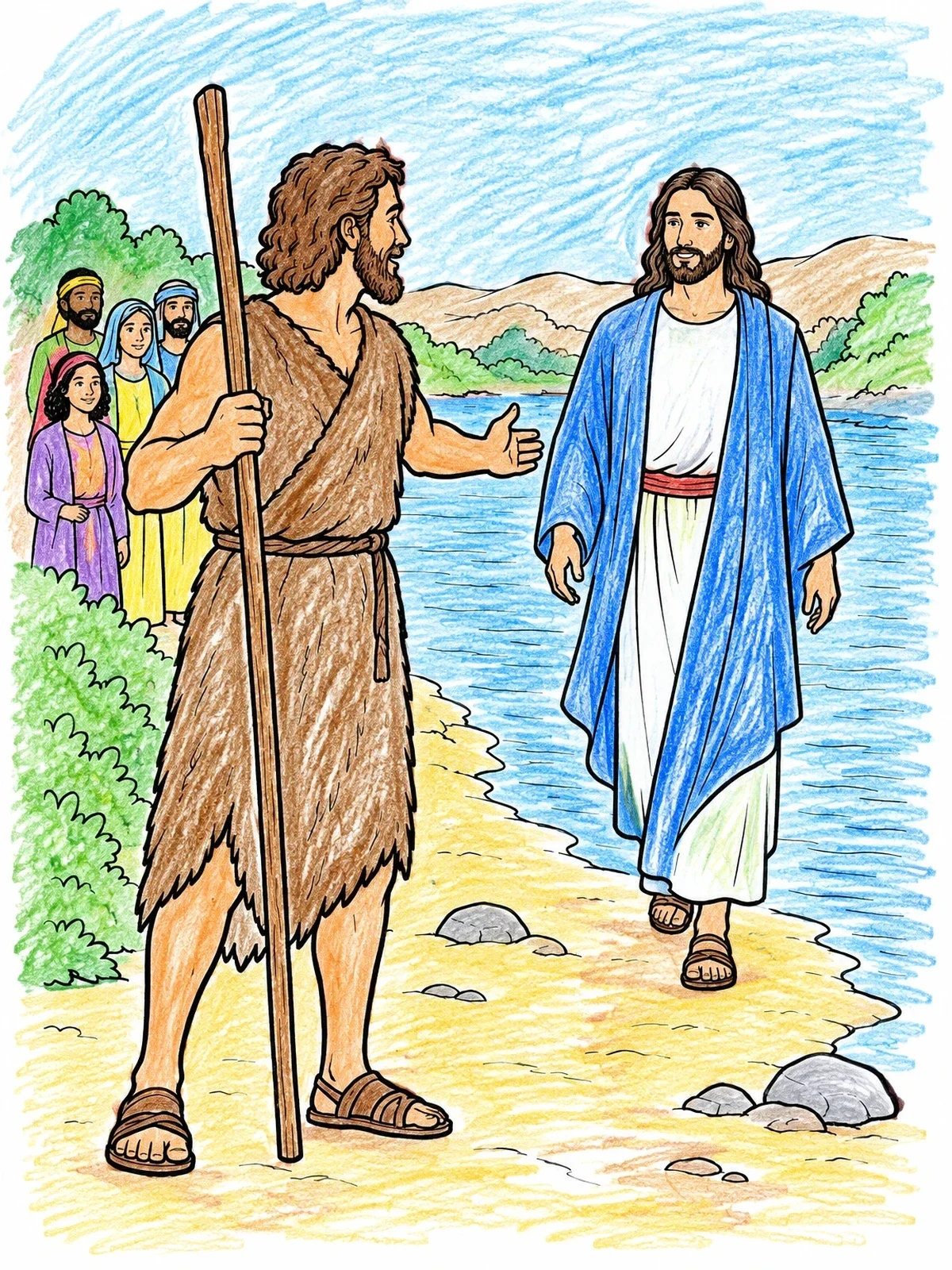 Colored example of the John The Baptist Welcoming Jesus coloring page