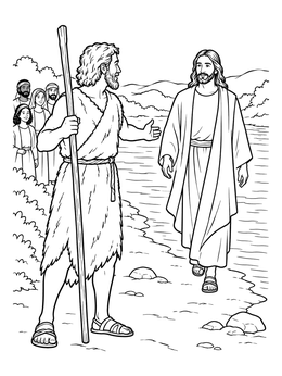 John the Baptist coloring page showing him greeting Jesus along the riverbank.