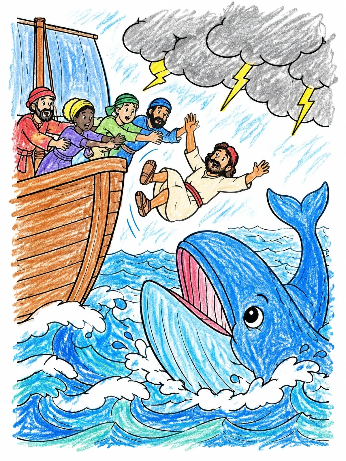 Colored example of the Jonah And The Giant Whale coloring page