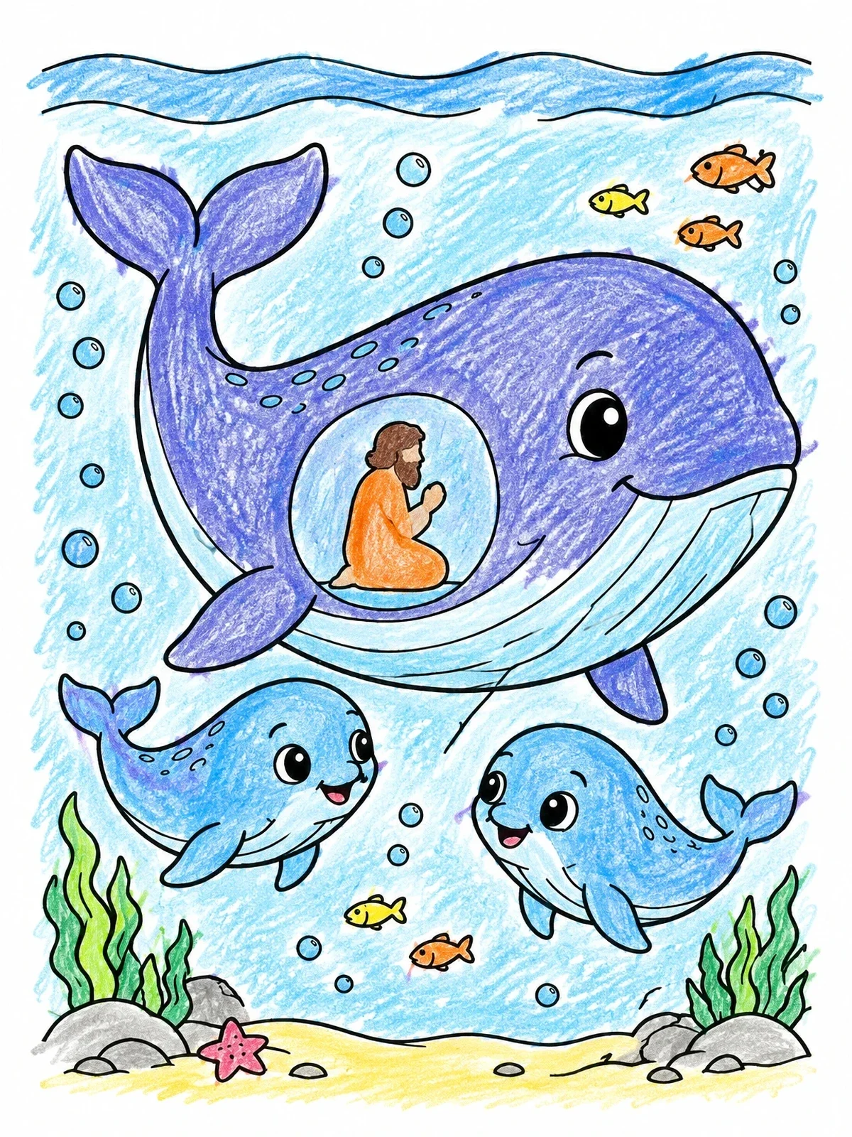 Colored example of the Jonah Inside The Friendly Whale coloring page