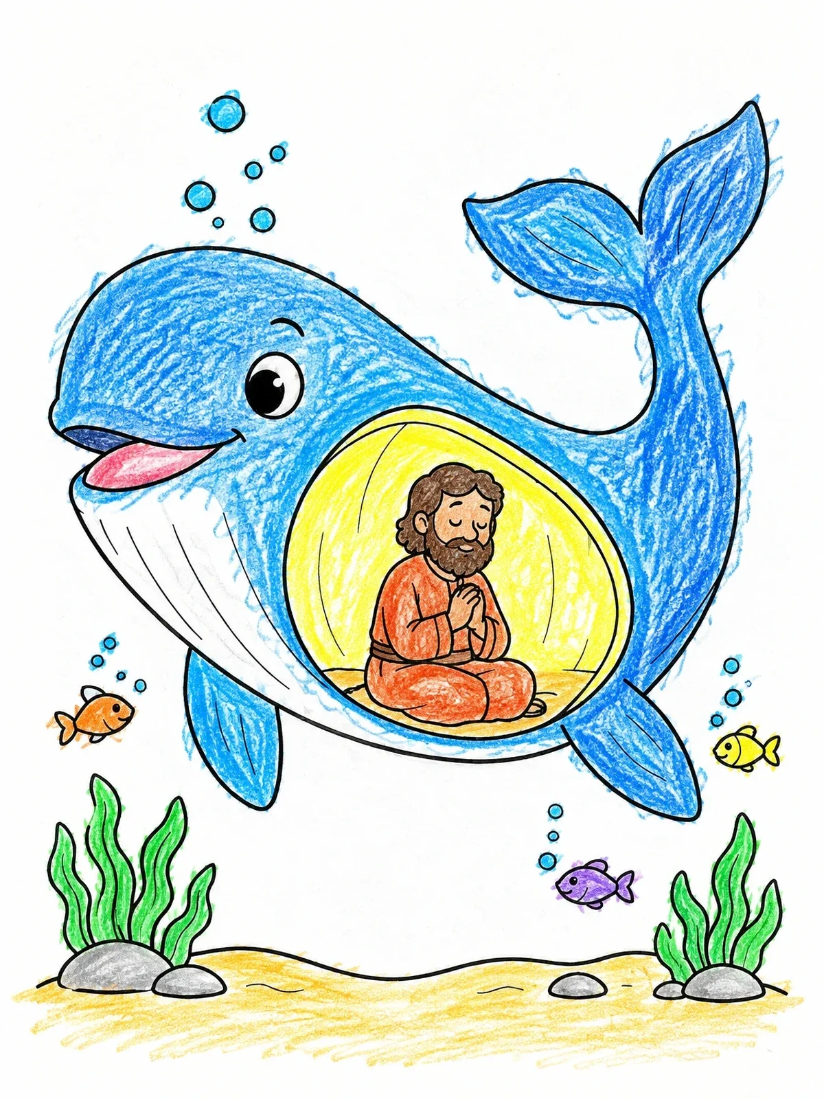 Colored example of the Jonah Praying Inside The Whale coloring page