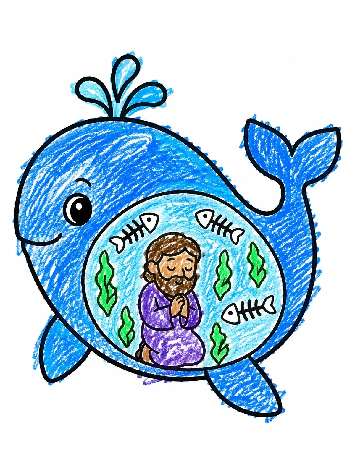 Colored example of the Jonah Praying Inside The Whale coloring page