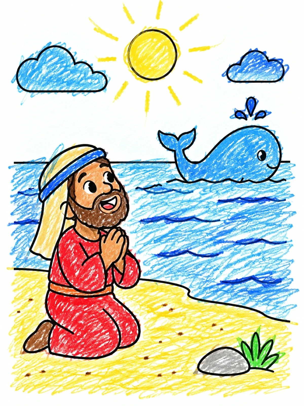 Colored example of the Jonah Praying By The Sea coloring page