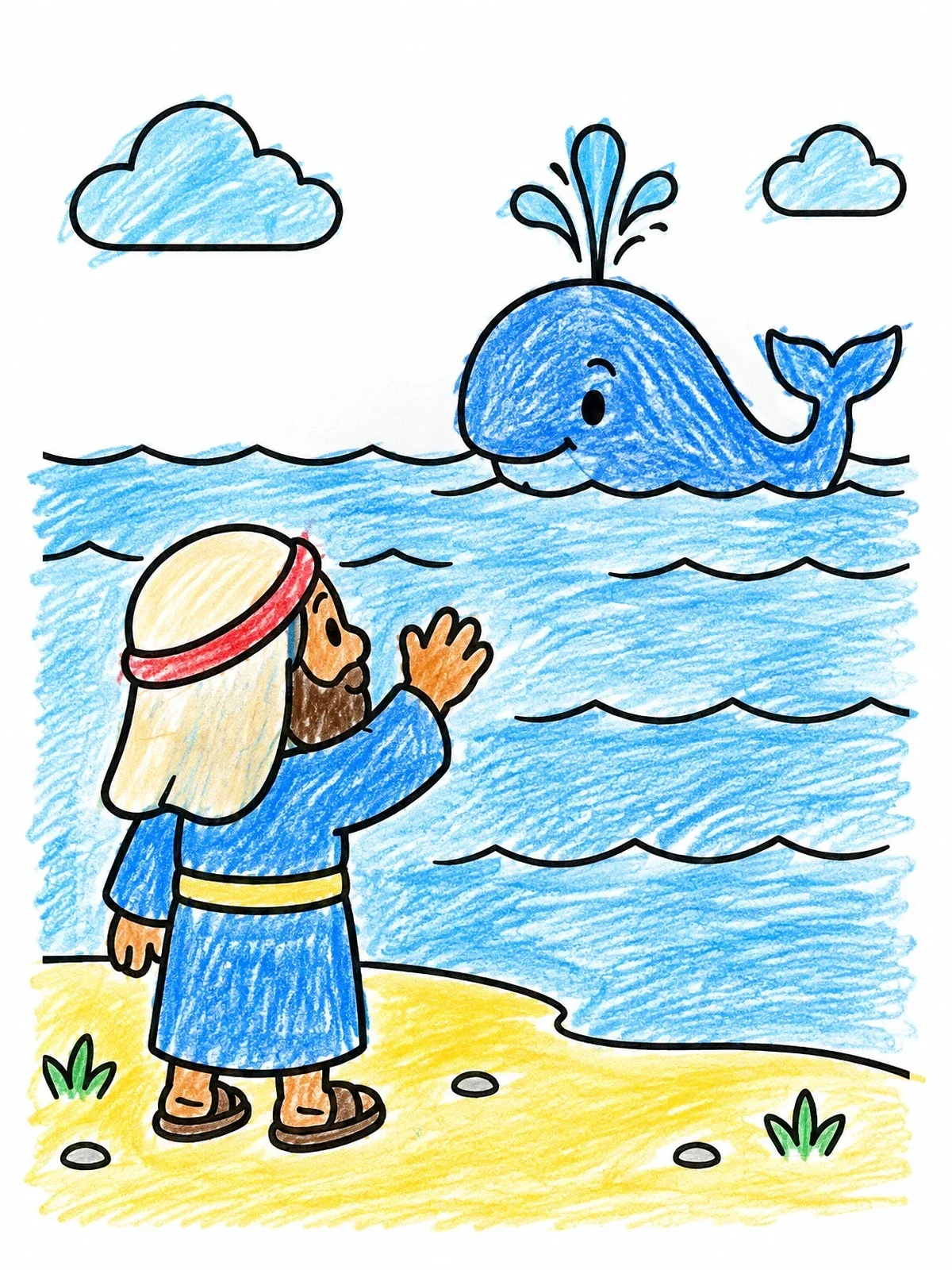 Colored example of the Jonah Waving At Friendly Spouting Whale coloring page