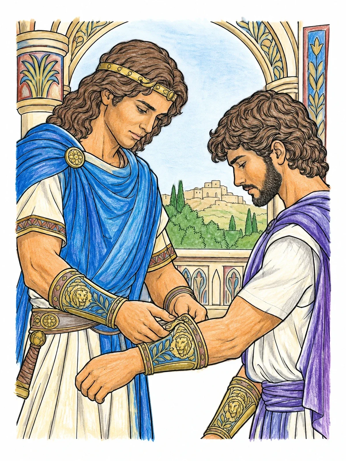 Colored example of the Jonathan Fastening Wrist Bracers For David coloring page