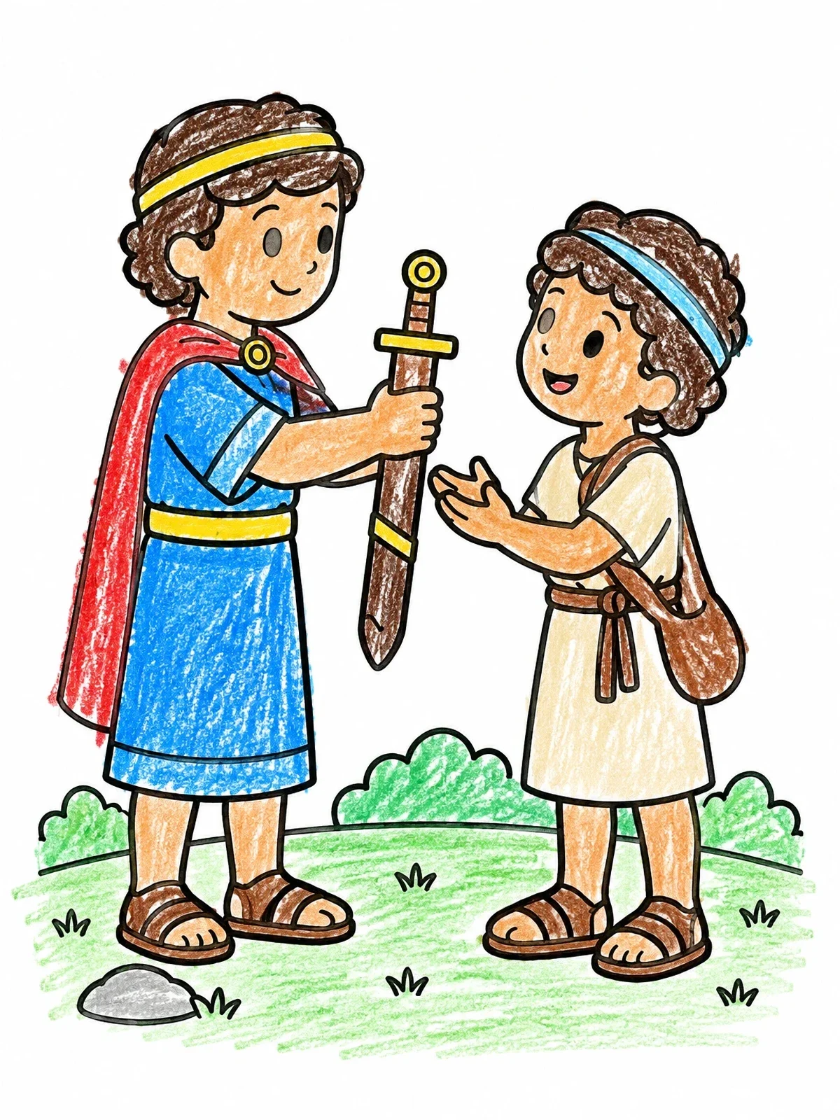 Colored example of the Jonathan Giving Sword To David coloring page