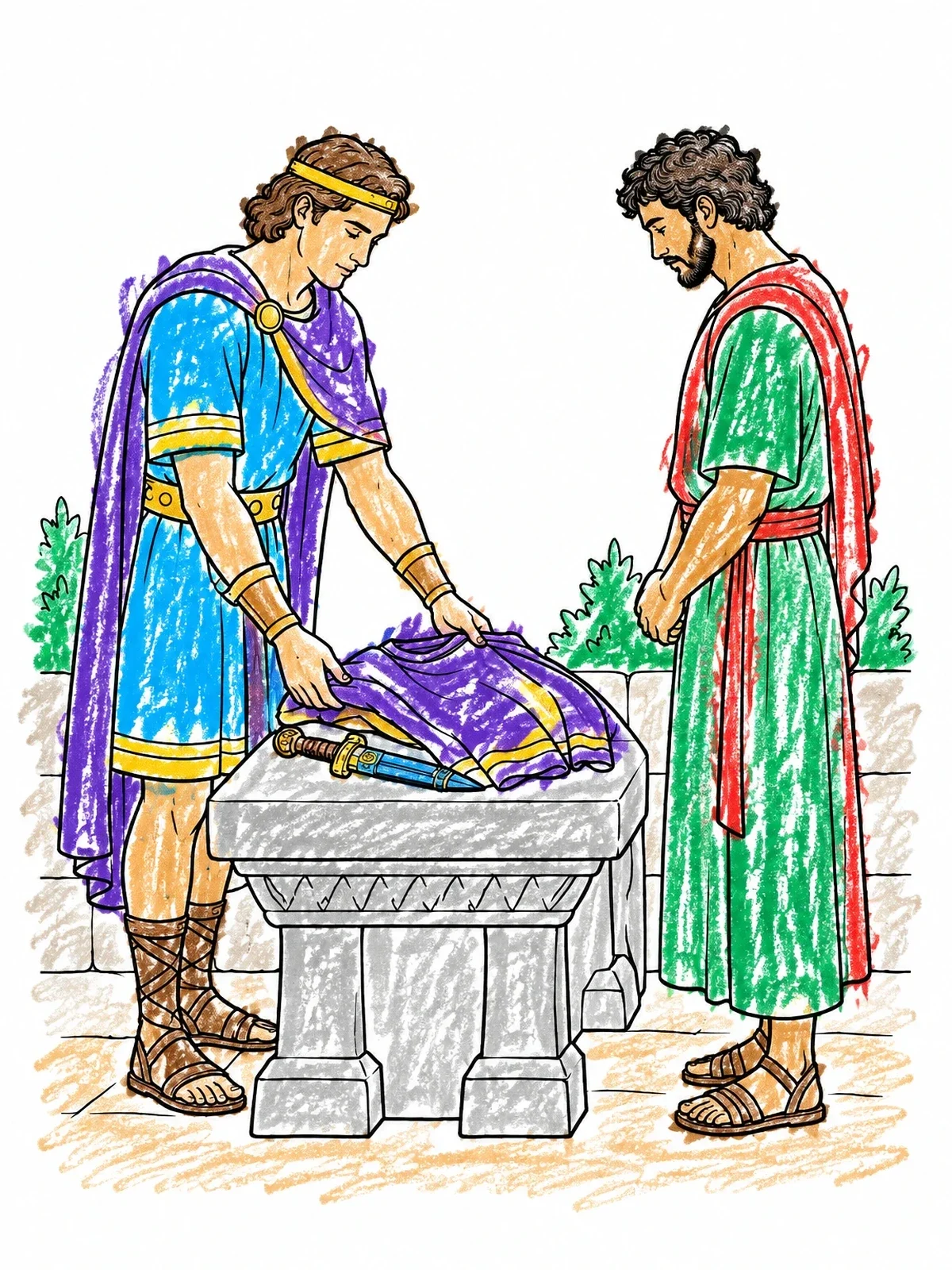 Colored example of the Jonathan Offering His Robe To David coloring page
