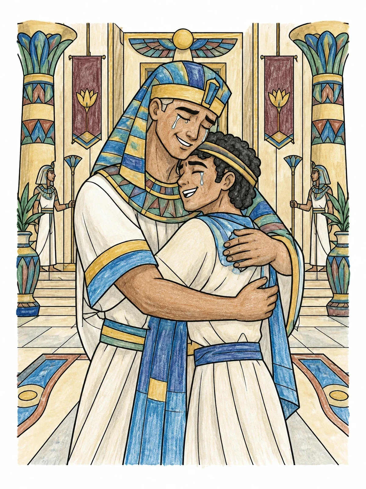 Colored example of the Joseph Embracing His Brother Benjamin coloring page