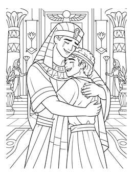 An emotional Egyptian brother coloring page featuring Joseph hugging Benjamin inside a majestic palace hall.