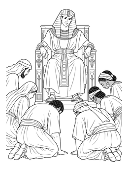 A biblical brother coloring page showing Joseph on a grand throne while his brothers bow before him.
