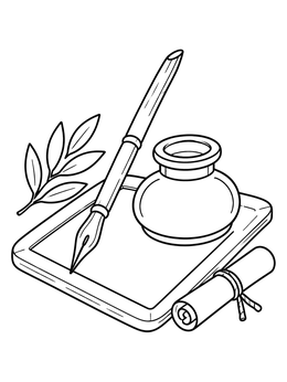 Free printable Ancient Inkwell, Reed Pen, And Scroll coloring page