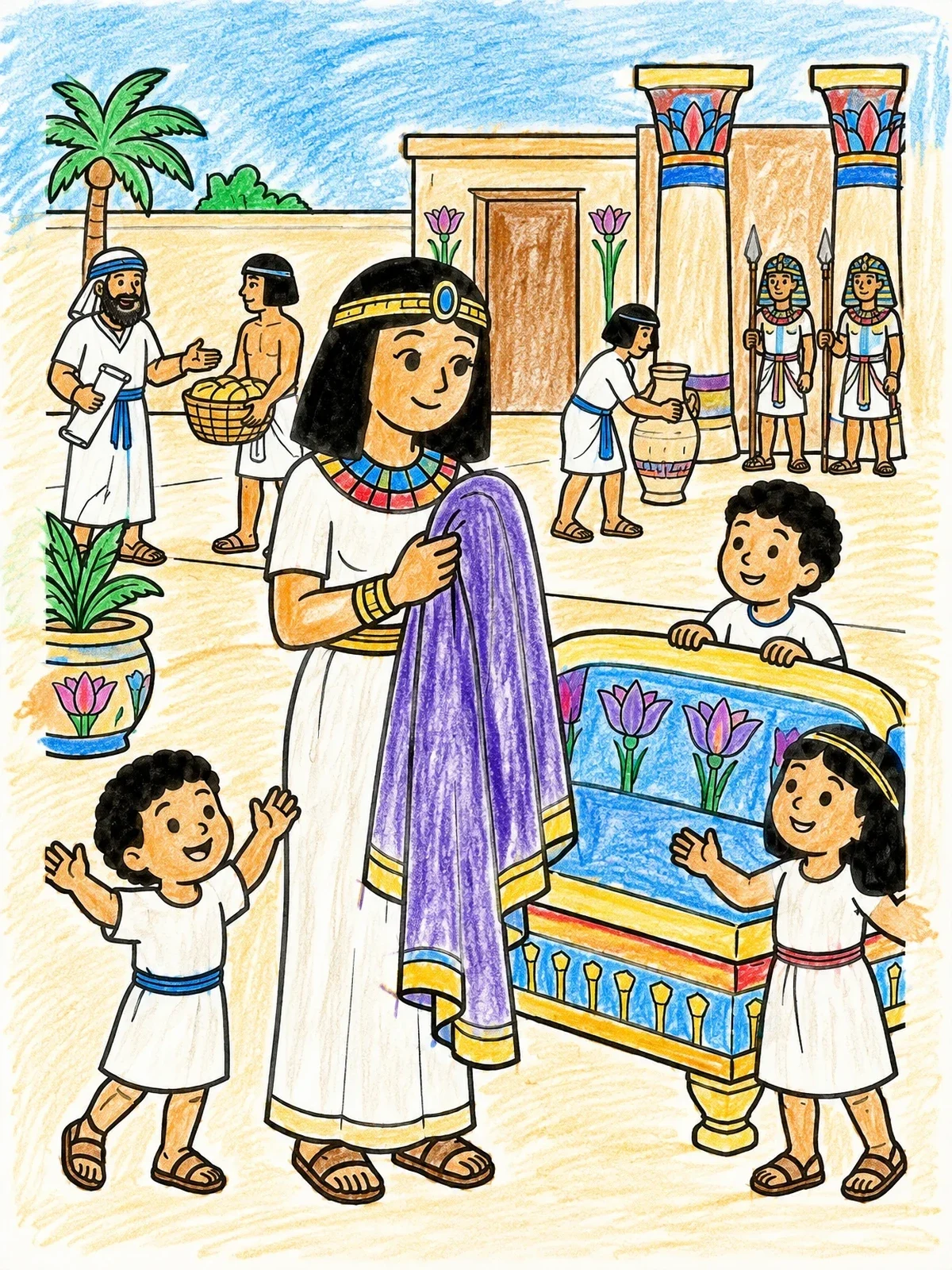Colored example of the Egyptian Lady Holding A Robe coloring page
