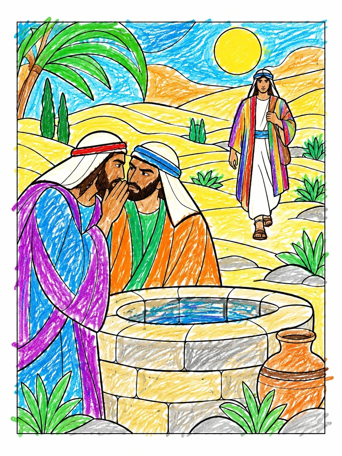 Colored example of the Brothers Whispering By The Well coloring page