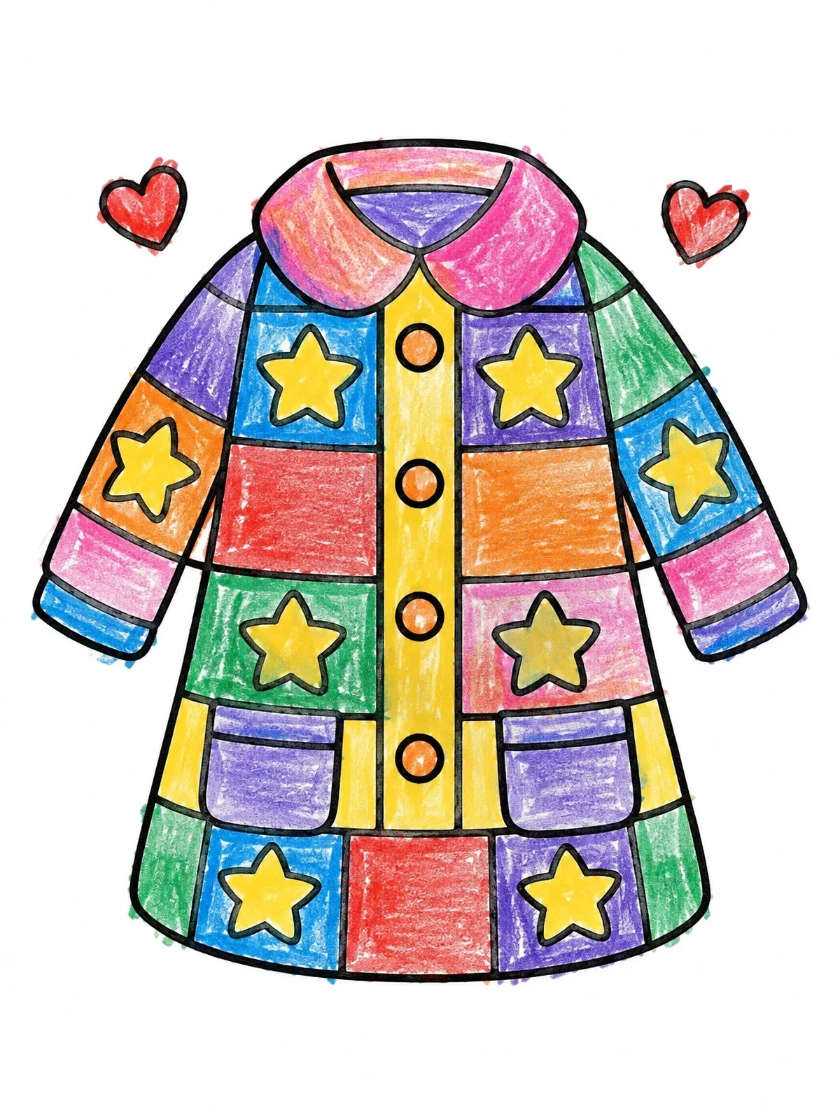 Colored example of the Patchwork Coat With Stars And Hearts coloring page