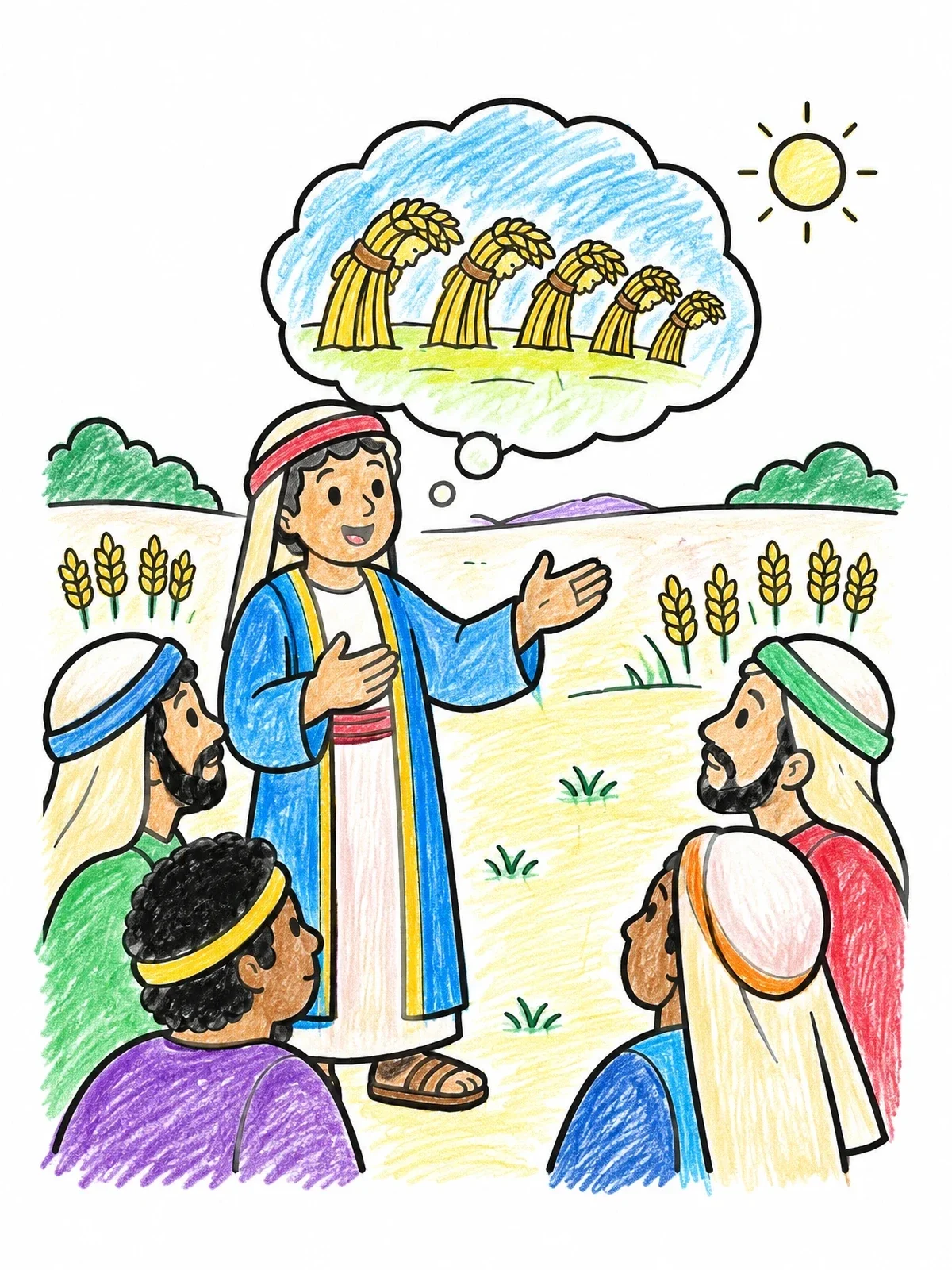 Colored example of the Joseph Sharing His Wheat Dream coloring page
