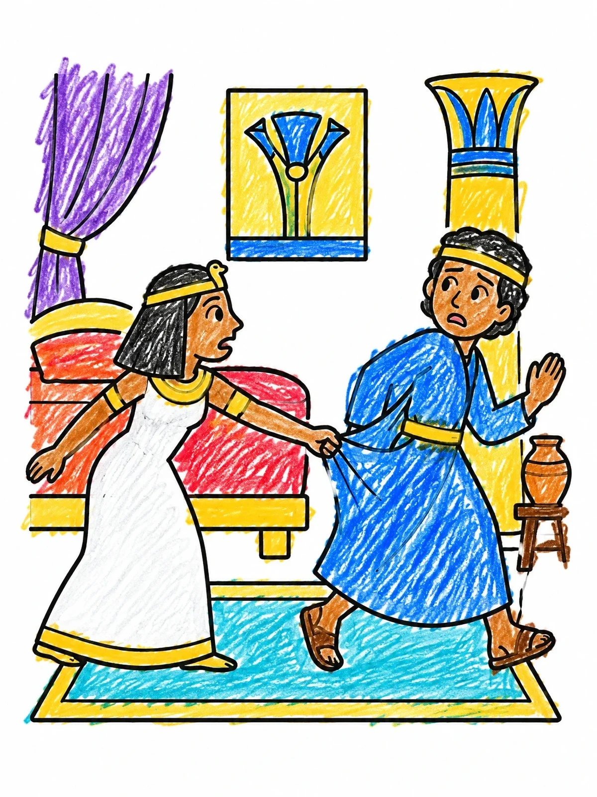 Colored example of the Joseph Escapes From Potiphar's House coloring page