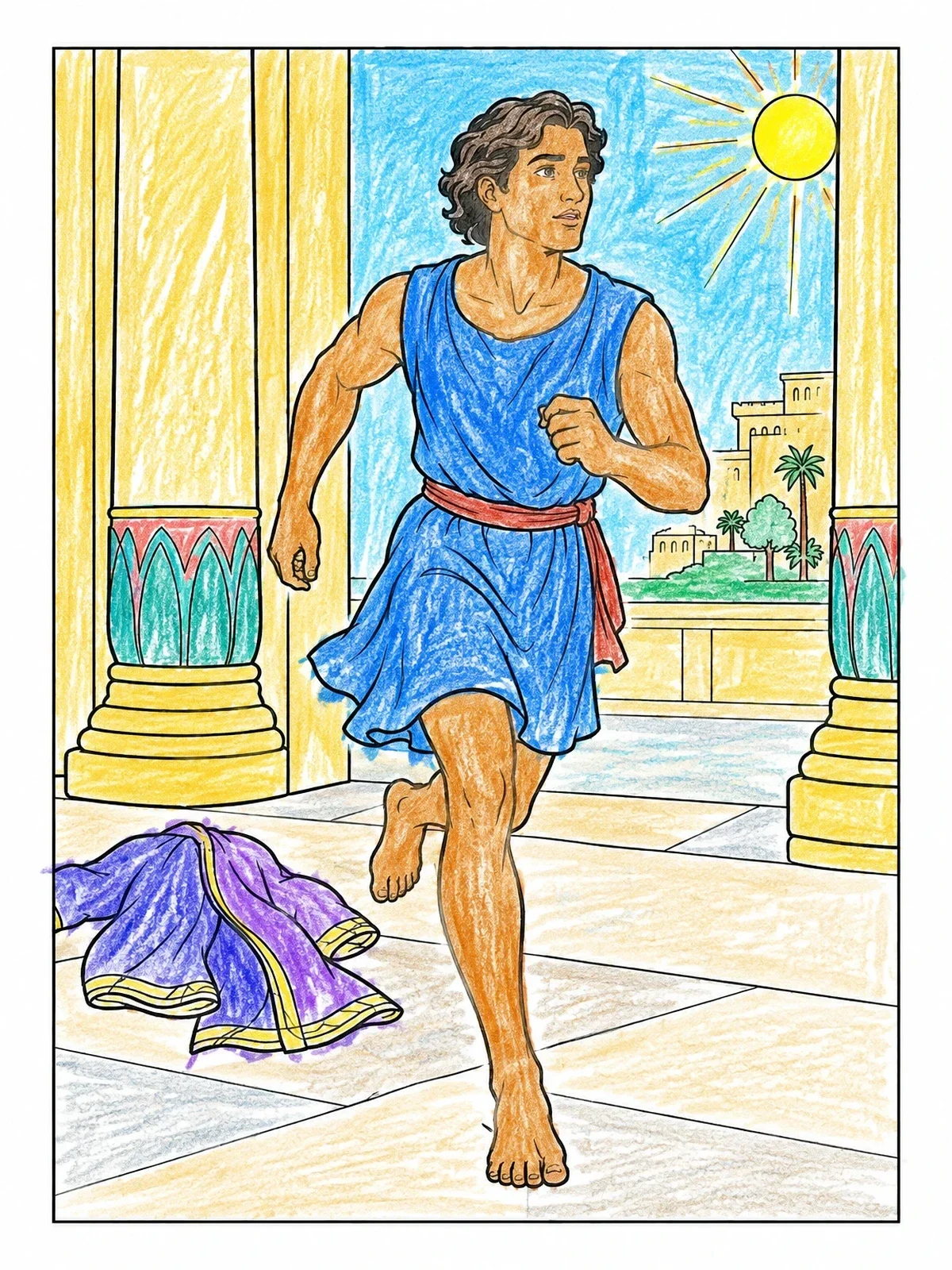 Colored example of the Joseph Fleeing The Palace coloring page