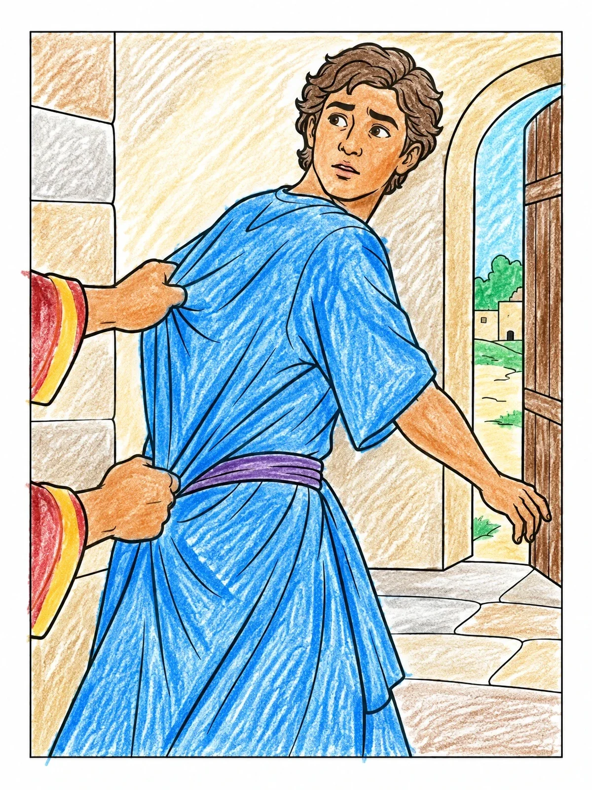 Colored example of the Joseph Escapes By The Doorway coloring page