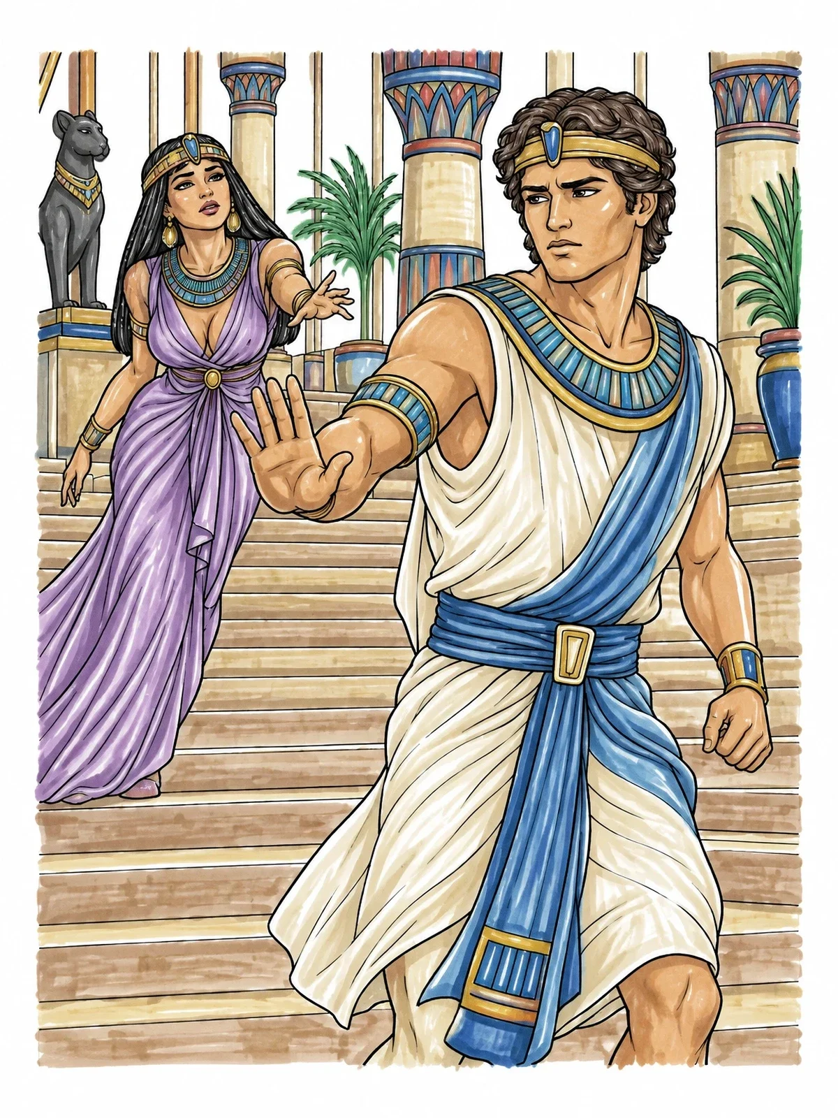 Colored example of the Joseph Fleeing From Potiphar's Wife coloring page