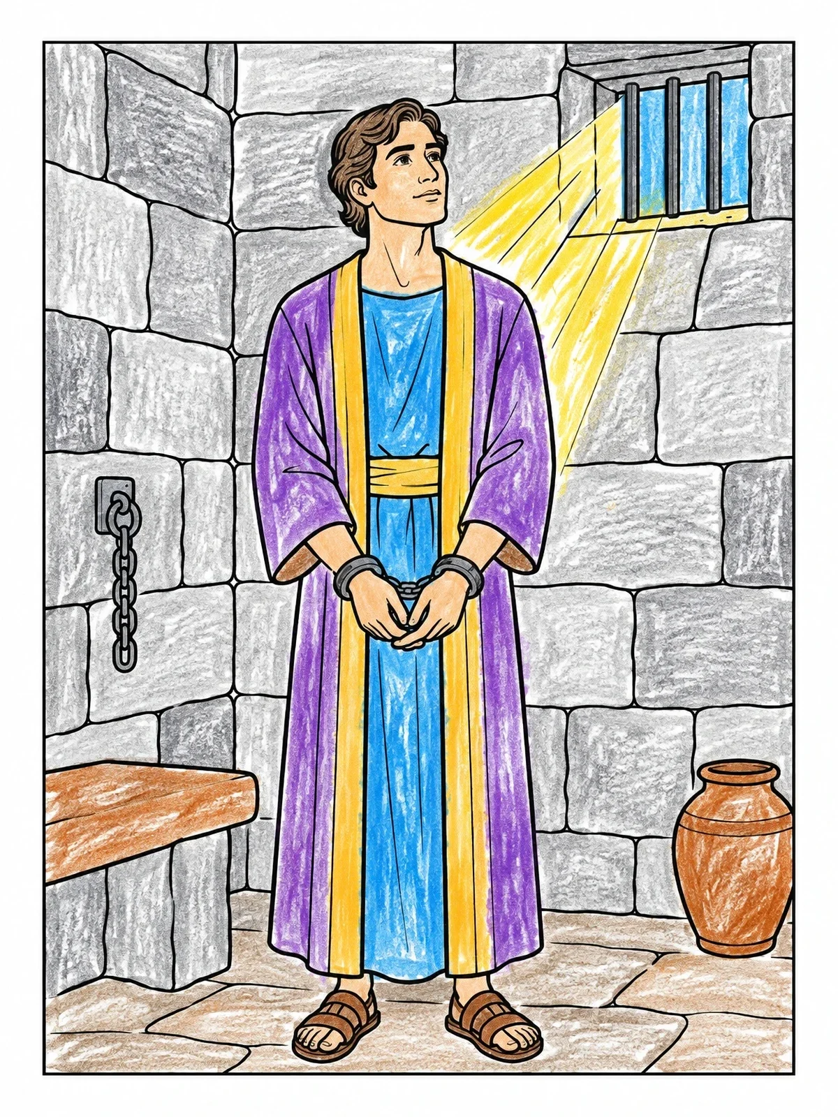 Colored example of the Joseph In Prison Cell coloring page