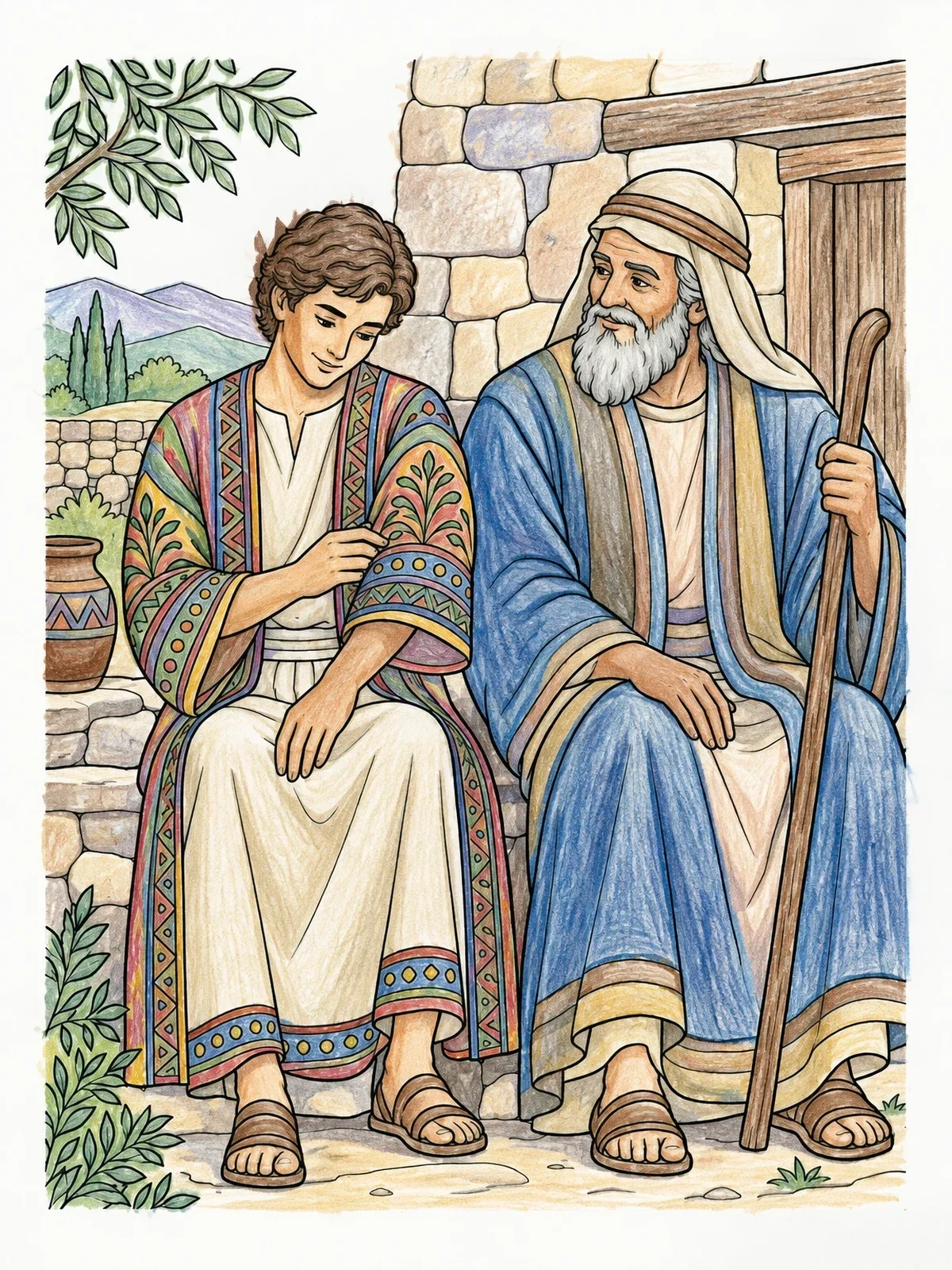 Colored example of the Joseph And Jacob With Patterned Robe coloring page